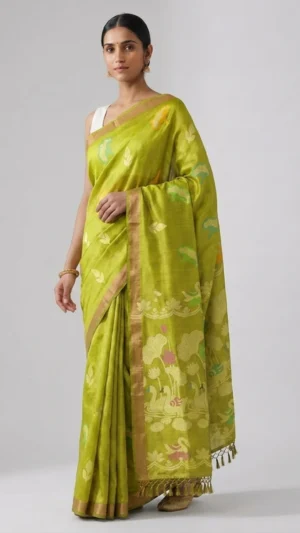 Falguni Green Pure Tussar Jamdani Saree | 2026 Exclusive