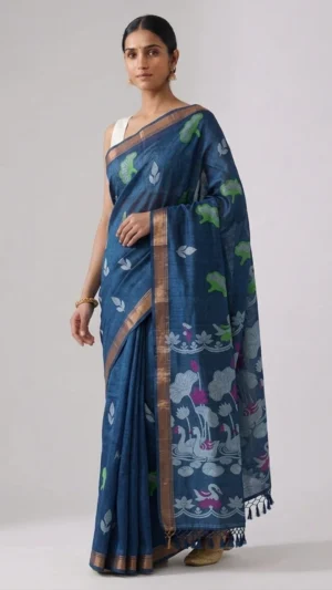 Utsavi Blue Pure Tussar Jamdani Saree | 2026 Exclusive