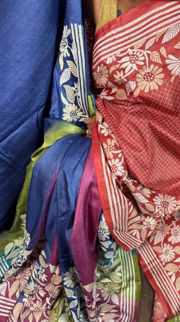 Serene Florals Pure Tussar Silk Kantha Embroidered Saree