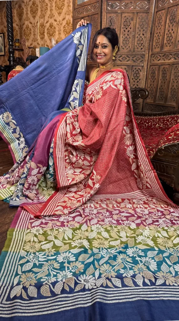Serene Florals Pure Tussar Silk Kantha Embroidered Saree