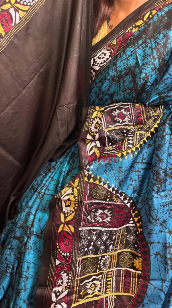 Swaati Pure Silk Batik Kantha Fusion Saree
