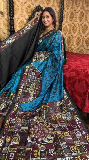 Swaati Pure Silk Batik Kantha Fusion Saree