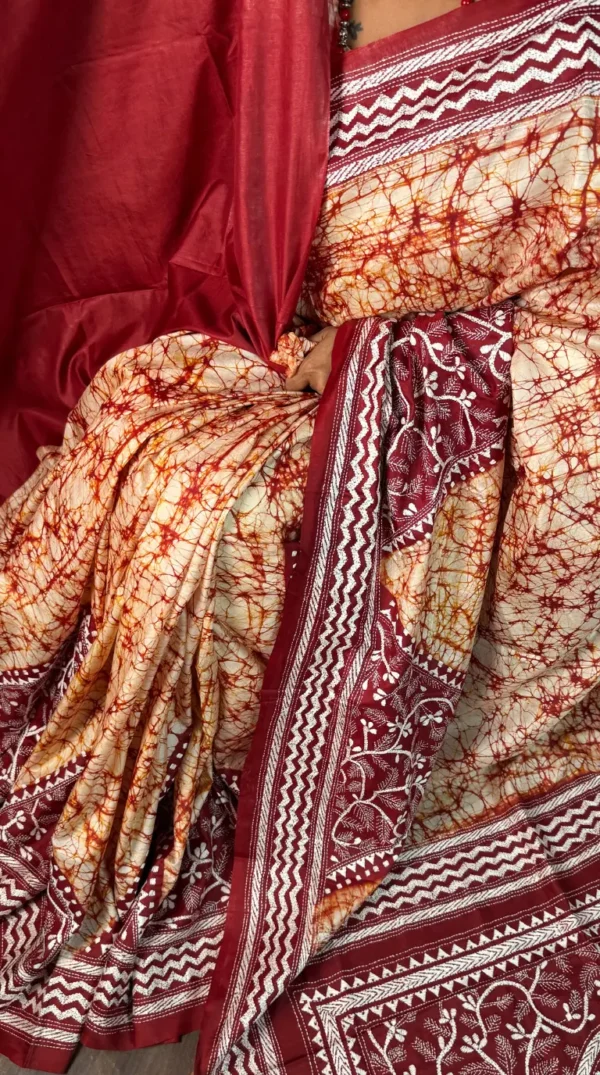 Roshni Pure Tussar Silk Batik Kantha Fusion Saree