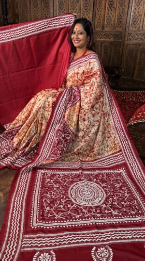 Roshni Pure Tussar Silk Batik Kantha Fusion Saree