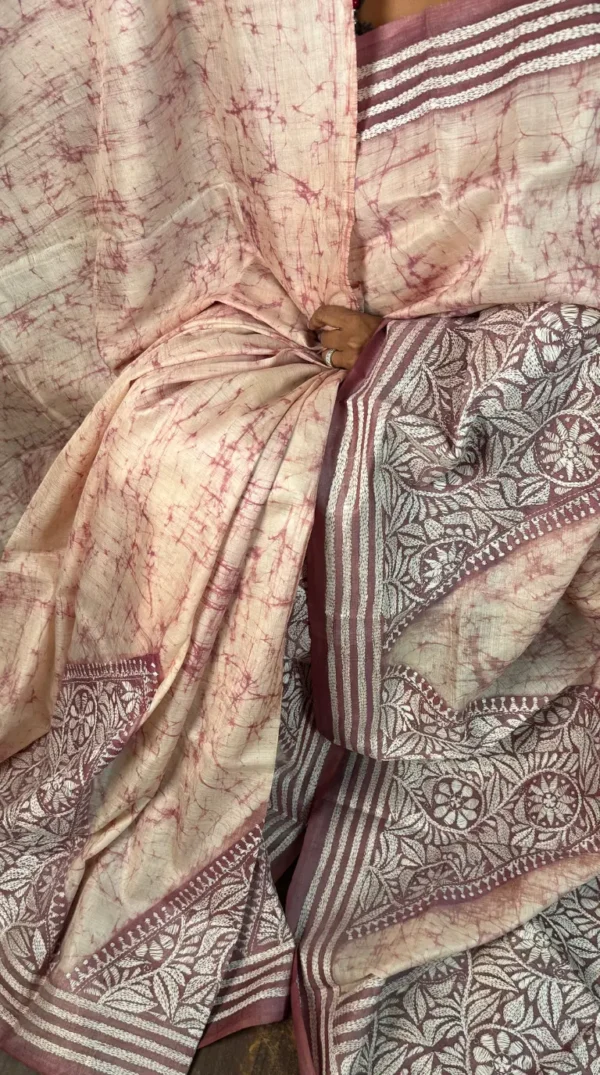 Mahvika Pure Tussar Silk Batik Kantha Fusion Saree