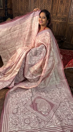 Mahvika Pure Tussar Silk Batik Kantha Fusion Saree