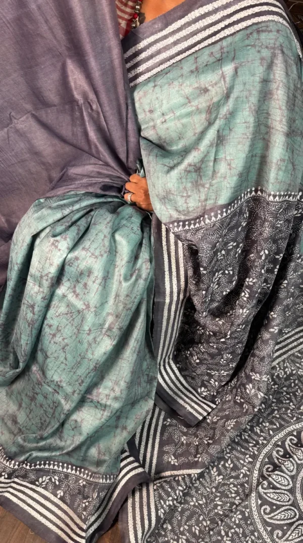 Dishna Pure Tussar Silk Batik Kantha Fusion Saree