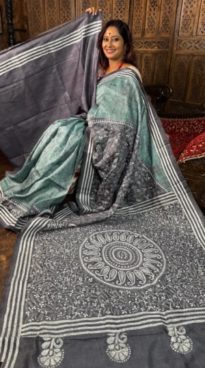 Dishna Pure Tussar Silk Batik Kantha Fusion Saree