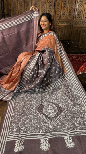 Reshma Pure Tussar Silk Batik Kantha Fusion Saree