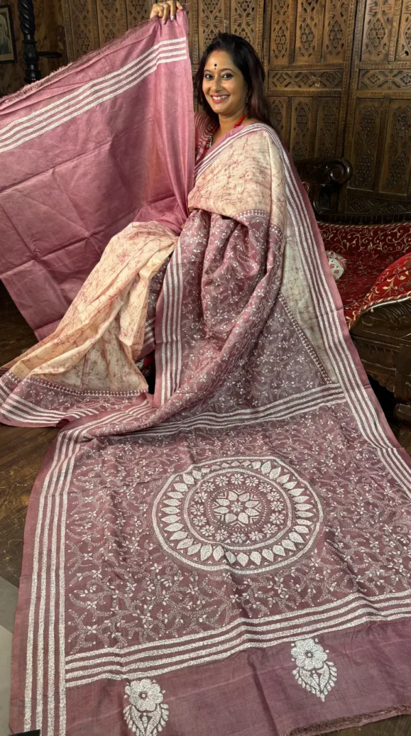 Suhaani Pure Tussar Silk Batik Kantha Fusion Saree