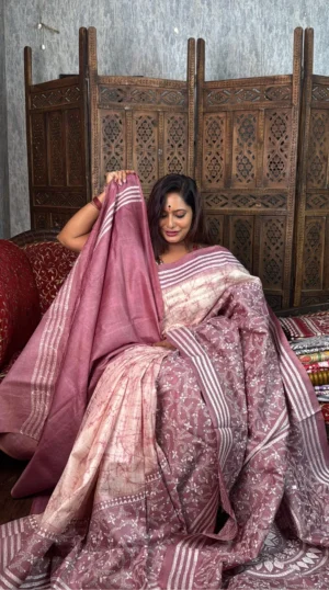 Suhaani Pure Tussar Silk Batik Kantha Fusion Saree