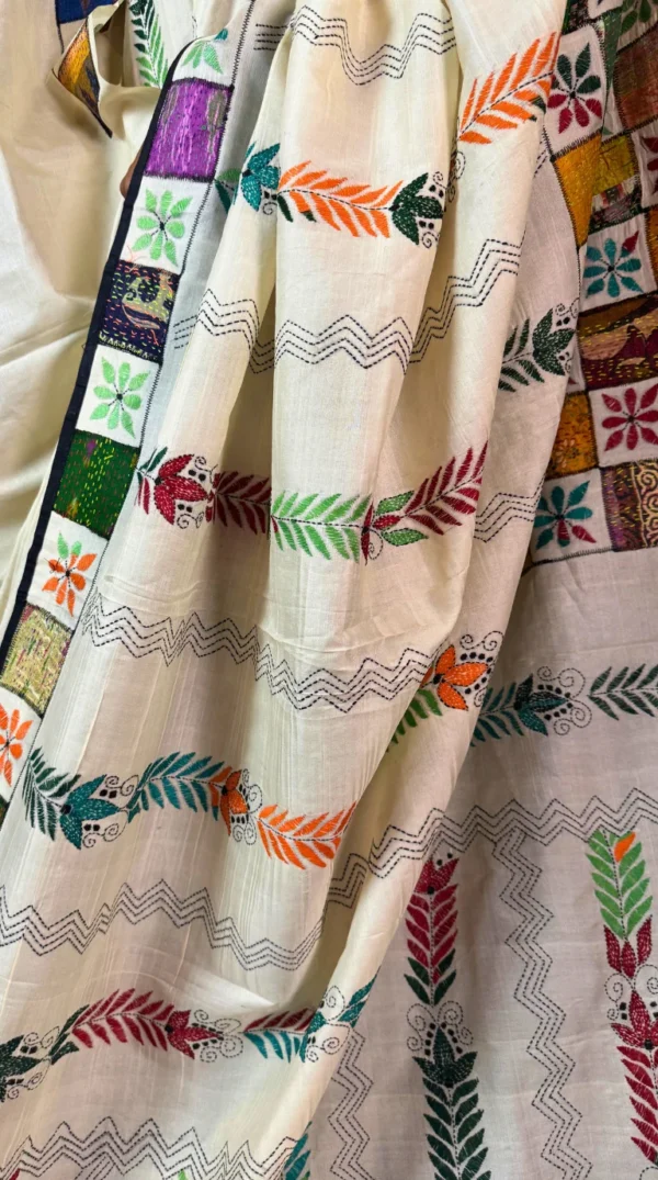 Natural Beige Patchwoork Kantha Embroidered Tussar Saree