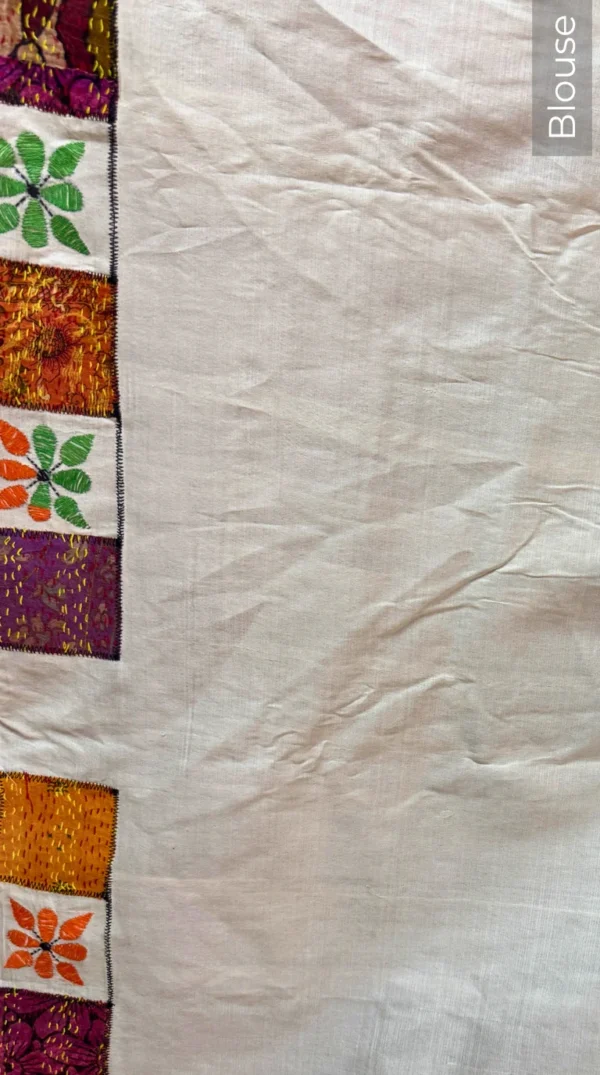 Natural Beige Patchwoork Kantha Embroidered Tussar Saree