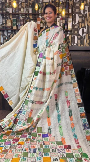 Natural Beige Patchwoork Kantha Embroidered Tussar Saree