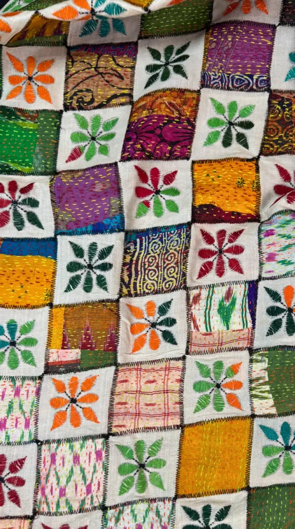 Natural Beige Patchwoork Kantha Embroidered Tussar Saree