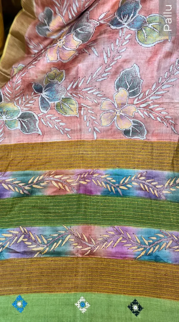 Pink Bloom Fusion Kantha & Gujrati Embroidered Tussar Saree