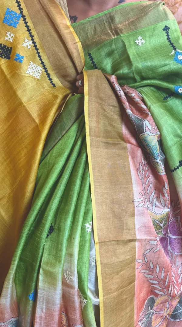 Pink Bloom Fusion Kantha & Gujrati Embroidered Tussar Saree