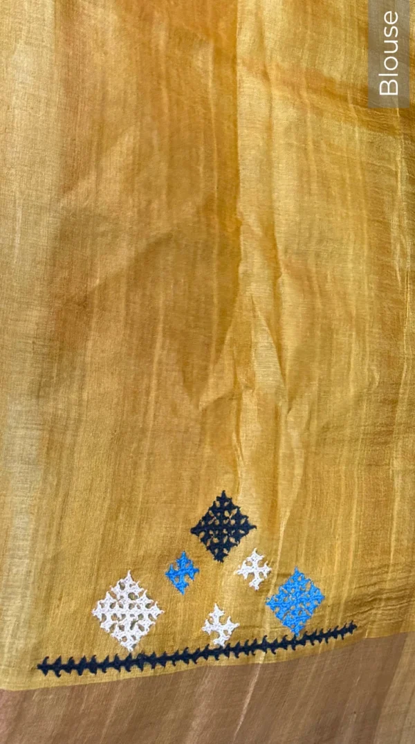 Pink Bloom Fusion Kantha & Gujrati Embroidered Tussar Saree