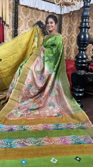 Pink Bloom Fusion Kantha & Gujrati Embroidered Tussar Saree