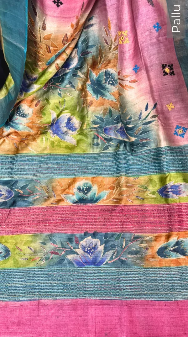 Pink Blossom Fusion Kantha & Gujrati Embroidered Tussar Saree