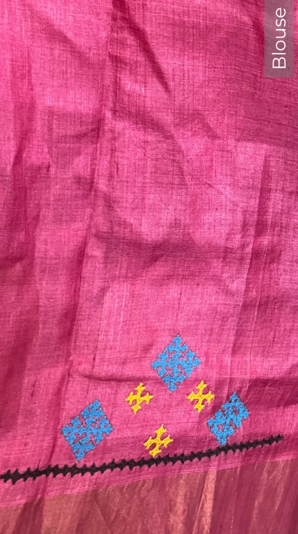 Pink Blossom Fusion Kantha & Gujrati Embroidered Tussar Saree