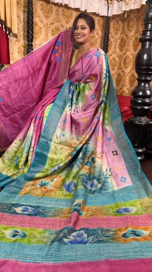 Pink Blossom Fusion Kantha & Gujrati Embroidered Tussar Saree