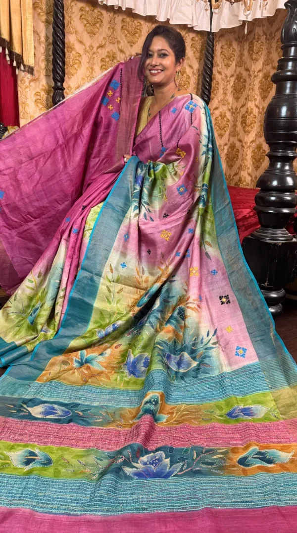 Pink Blossom Fusion Kantha & Gujrati Embroidered Tussar Saree