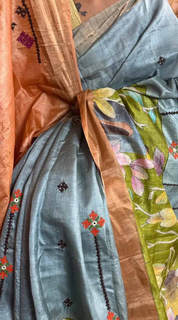 Enlightened Fusion Kantha & Gujrati Embroidered Tussar Saree