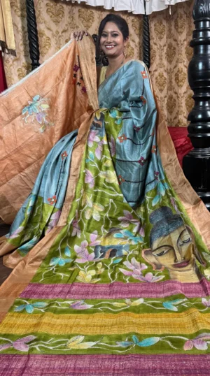 Enlightened Fusion Kantha & Gujrati Embroidered Tussar Saree