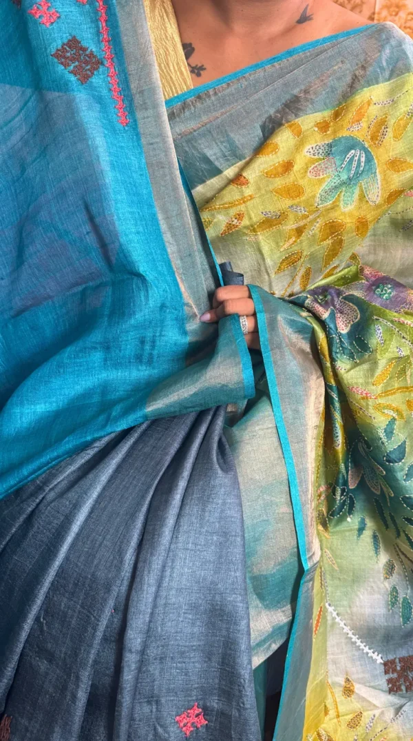 Serene Fusion Kantha & Gujrati Embroidered Tussar Saree