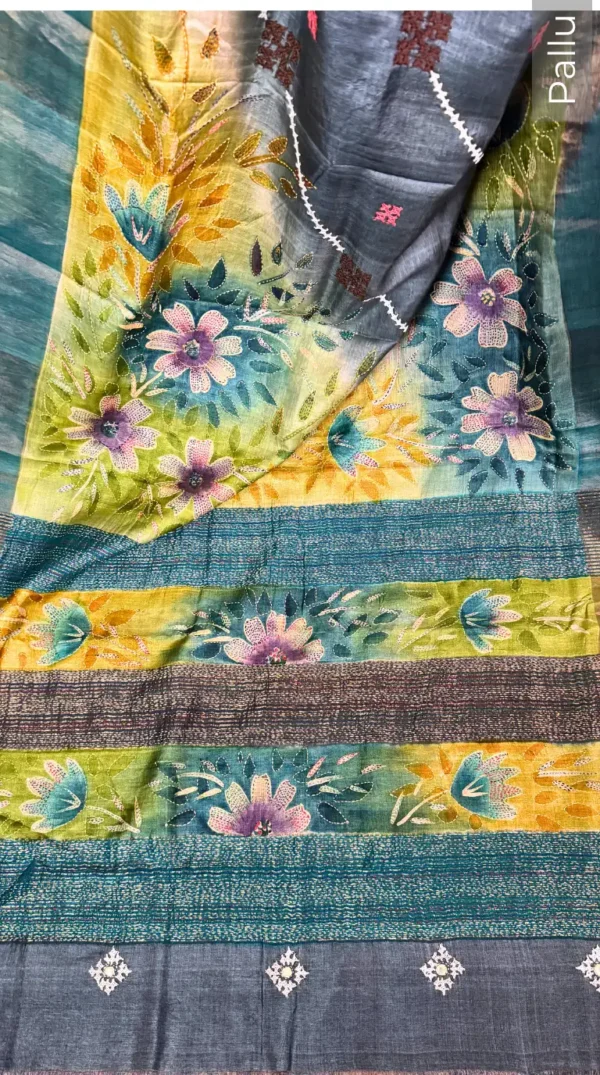 Serene Fusion Kantha & Gujrati Embroidered Tussar Saree