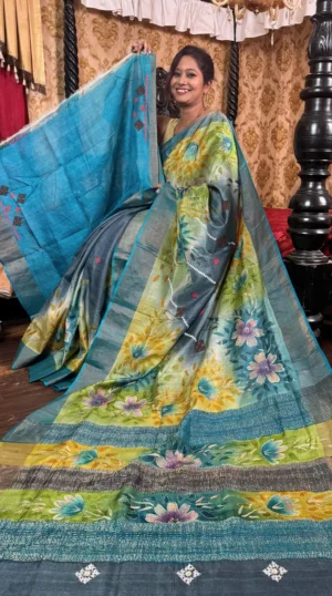 Serene Fusion Kantha & Gujrati Embroidered Tussar Saree