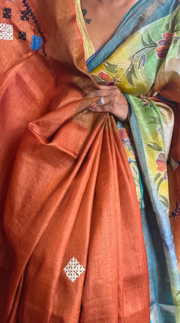 Floral Fusion Kantha & Gujrati Embroidered Tussar Saree