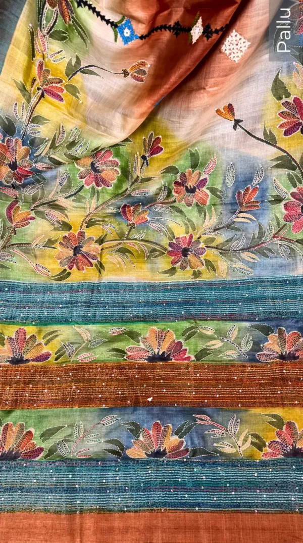 Floral Fusion Kantha & Gujrati Embroidered Tussar Saree