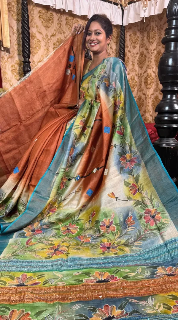 Floral Fusion Kantha & Gujrati Embroidered Tussar Saree
