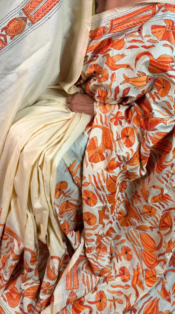Graceful Orange Pure Tussar Silk Kantha Embroidered Saree