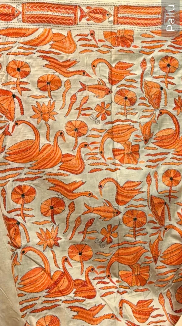 Graceful Orange Pure Tussar Silk Kantha Embroidered Saree