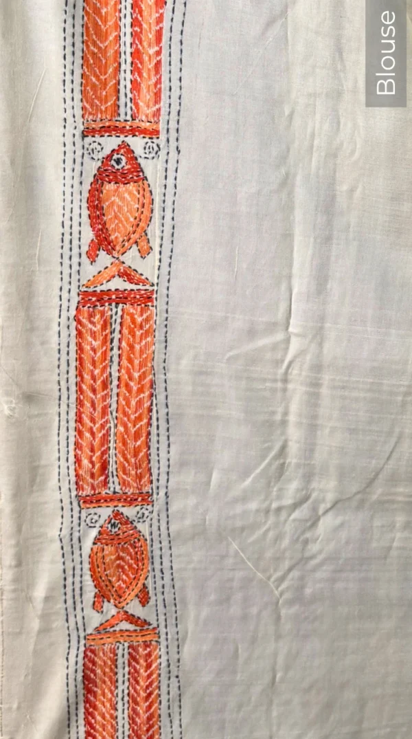 Graceful Orange Pure Tussar Silk Kantha Embroidered Saree