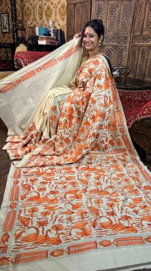 Graceful Orange Pure Tussar Silk Kantha Embroidered Saree