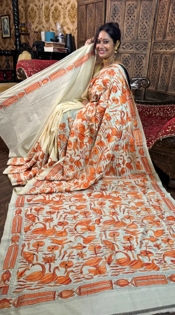 Graceful Orange Pure Tussar Silk Kantha Embroidered Saree