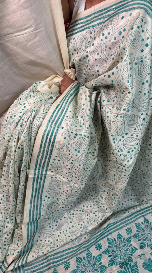Devika Beige Pure Tussar Silk Kantha Embroidered Saree