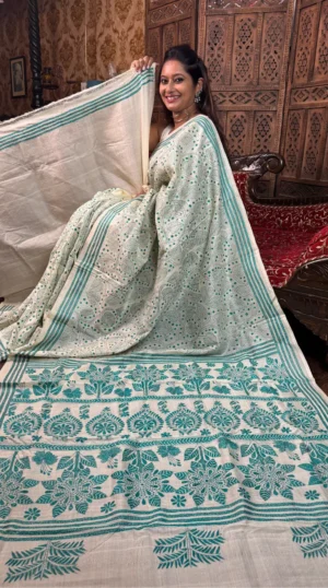 Devika Beige Pure Tussar Silk Kantha Embroidered Saree