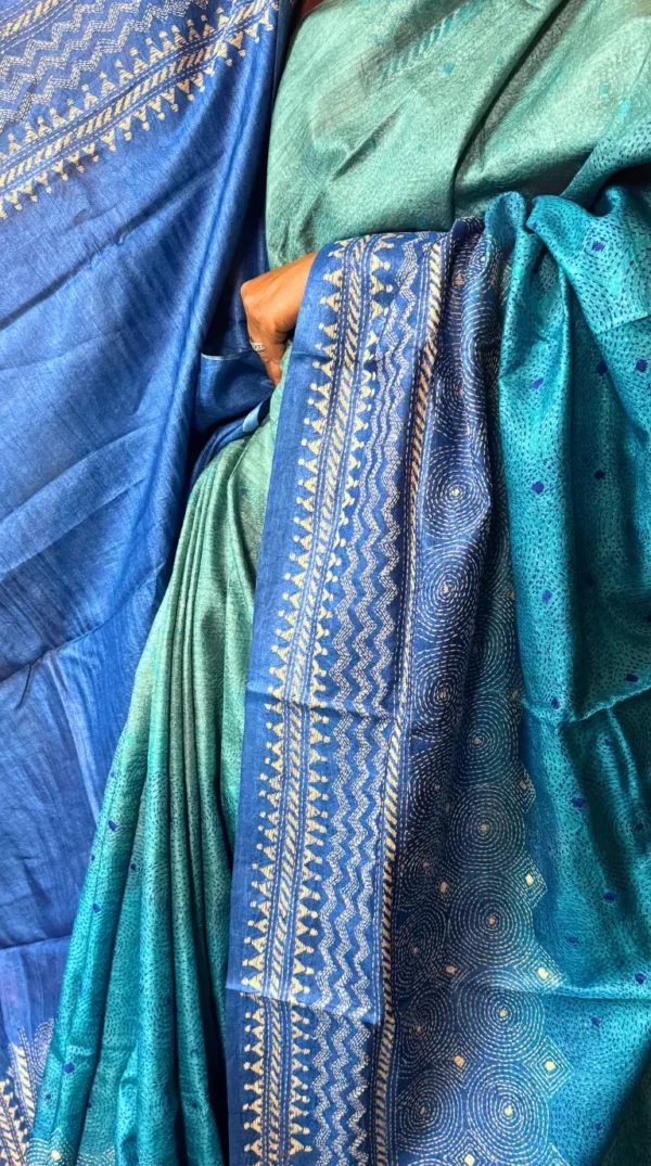 Ombre Blue Pure Tussar Silk Kantha Embroidered Saree