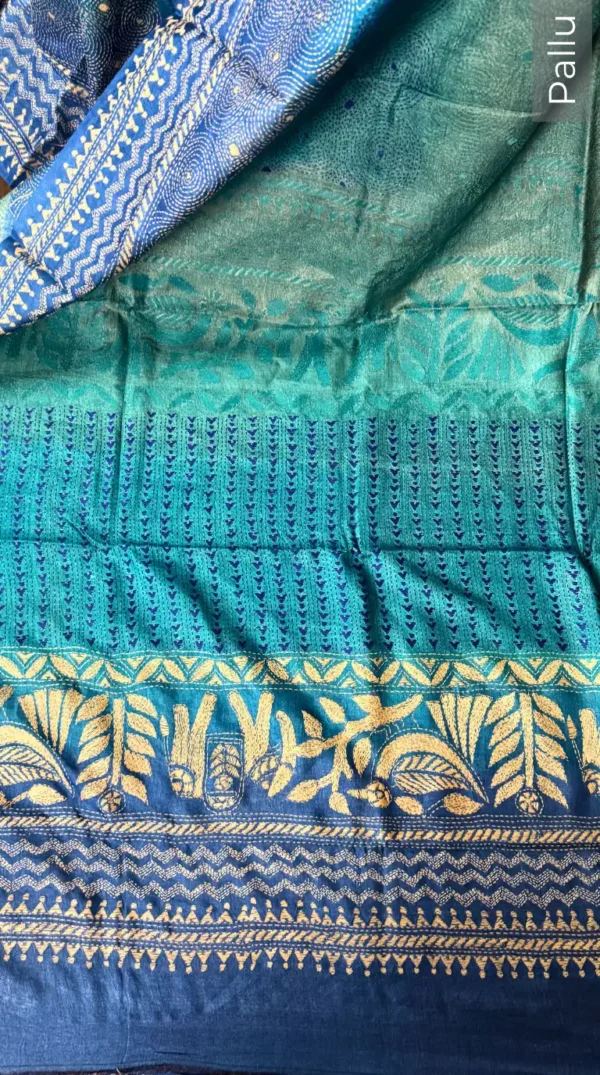 Ombre Blue Pure Tussar Silk Kantha Embroidered Saree