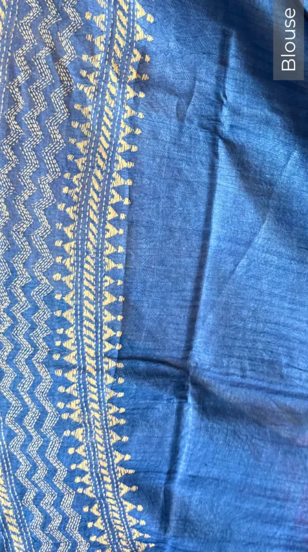 Ombre Blue Pure Tussar Silk Kantha Embroidered Saree