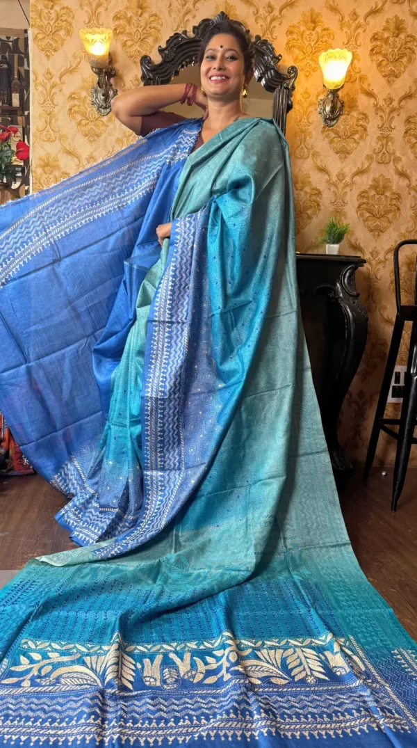 Ombre Blue Pure Tussar Silk Kantha Embroidered Saree
