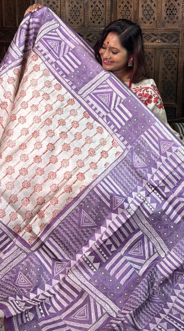 Garima Purple Pure Tussar Silk Kantha Embroidered Saree