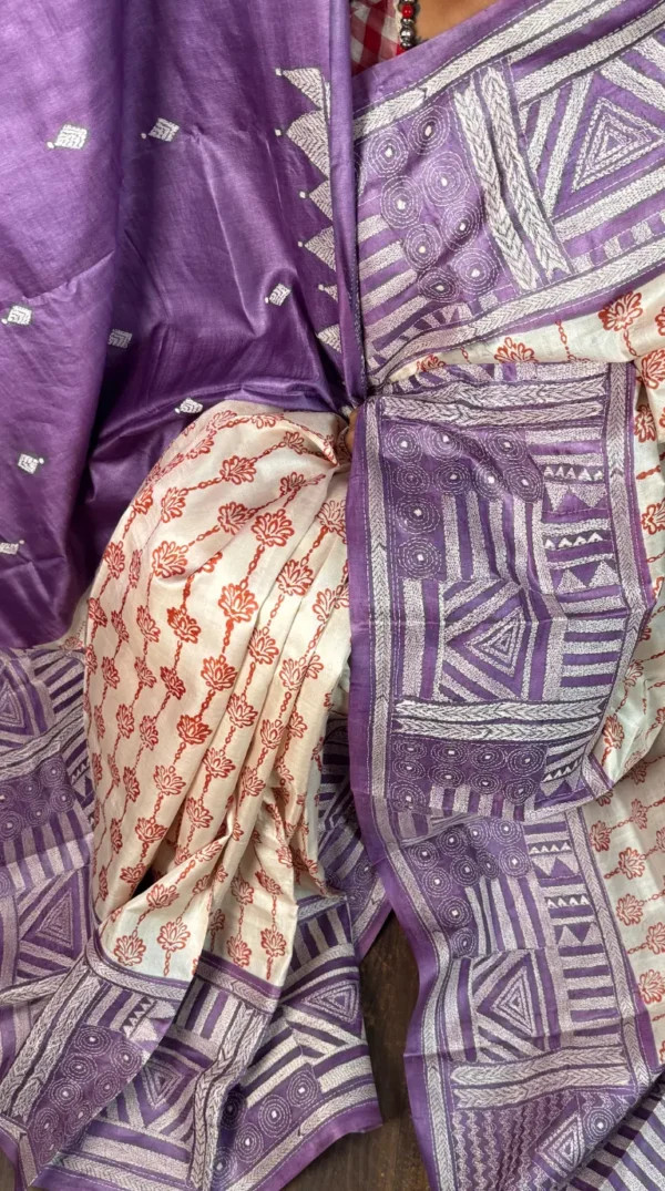 Garima Purple Pure Tussar Silk Kantha Embroidered Saree