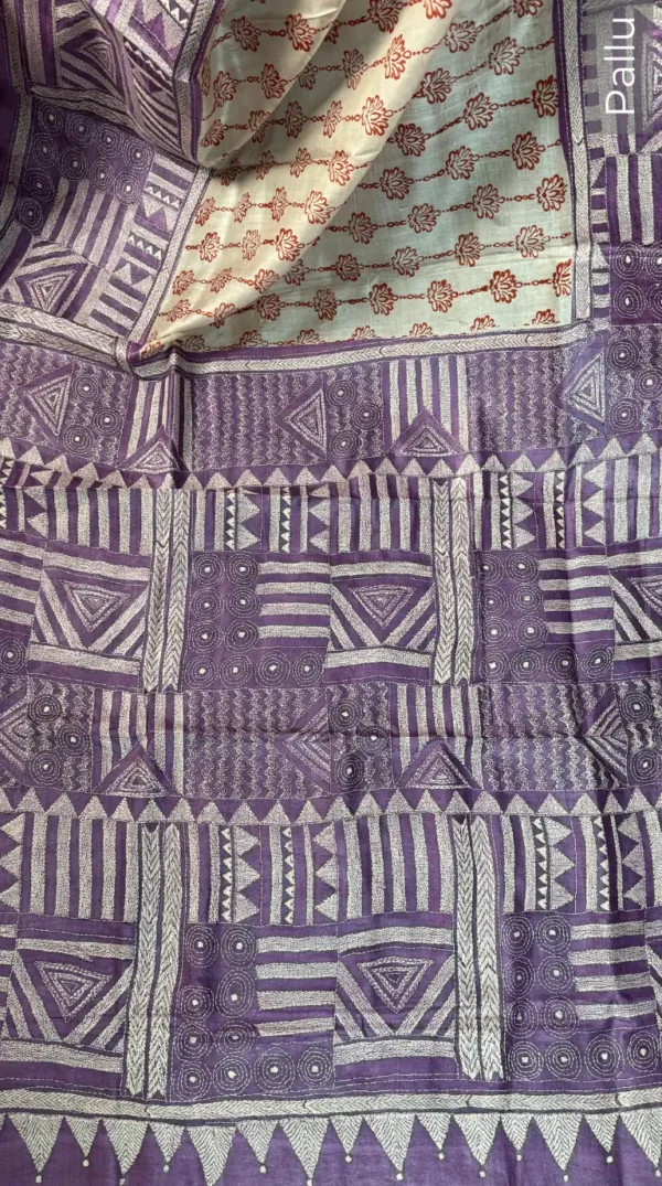 Garima Purple Pure Tussar Silk Kantha Embroidered Saree