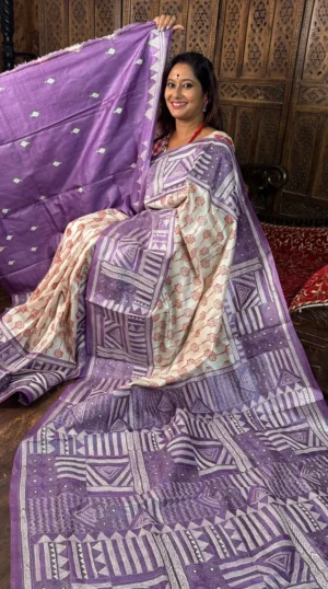 Garima Purple Pure Tussar Silk Kantha Embroidered Saree